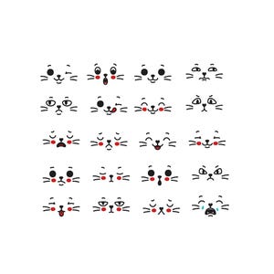 Pode incluir: Uma grade de vinte rostos de gato em preto e branco com várias expressões, apresentando desenhos de linhas simples, bigodes e pequenas bochechas circulares vermelhas. Cada rosto exibe uma emoção única, incluindo expressões felizes, tristes e piscadelas.