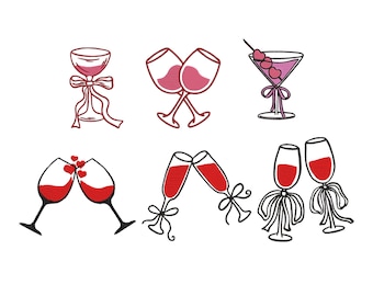 Diseño de bordado de vino, bordado de copa de vino, copa de vino tinto, bordado de copa de coqueta, bordado de bebida, bordado de saludos 6 tamaños