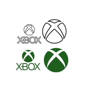 May include: A collection of four Xbox logos in two styles. Two logos feature the black outlined sphere and the text XBOX in black. Two logos feature a solid green sphere with a white cutout sphere design and the text XBOX in green.
