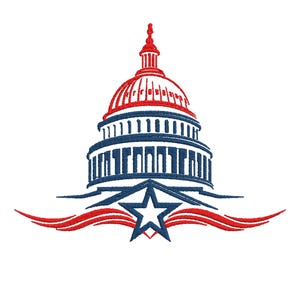 May include: Embroidered design of the U.S. Capitol building in red, white, and blue. The design includes a star and stylized red and blue ribbons, suitable for patriotic themes.