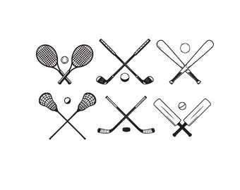 Crossed Sports equipment Embroidery, Tennis Rackets, golf clubs, baseball bats, lacrosse sticks, hockey sticks, and cricket bats, 6 Sizes