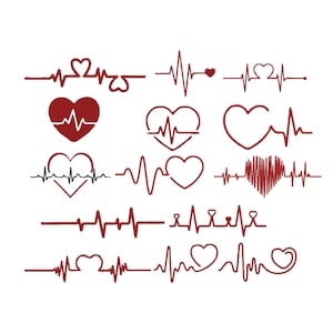 Pode incluir: Uma coleção de desenhos de arte de linha de corações e batimentos cardíacos vermelhos. Os desenhos incluem várias formas de coração e padrões de ondas de eletrocardiograma, adequados para temas médicos ou românticos. As ilustrações estão em fundo branco.