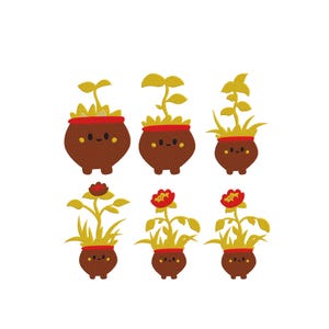 May include: A collection of six cartoon-style potted plants on a white background. The pots are brown with red rims and smiling faces. The plants have yellow-green leaves and red flowers.