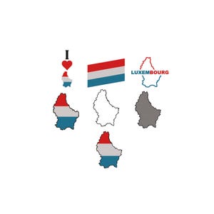 May include: A collection of Luxembourg-themed graphics including an I heart Luxembourg icon, the national flag, the word LUXEMBOURG, and various map outlines of the country in red, white, blue, solid gray, and black outline styles.