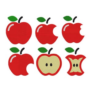 Op de afbeelding: Een set van zes geborduurde appelontwerpen in rood, groen en zwart. De set bevat een hele appel, appels met happen eruit, een doorsnede en een klokhuis. Geschikt voor knutselprojecten.