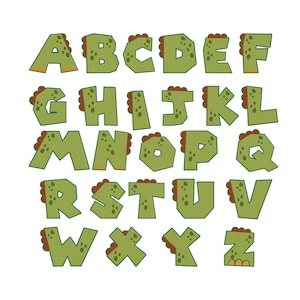 May include: A full alphabet in a playful, dinosaur-themed design. Each letter is a light green with a textured, scaly appearance and brown accents. The letters are outlined in a darker green, creating a fun and educational visual.