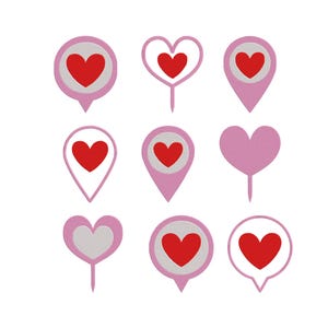 May include: A collection of nine embroidered patches featuring various heart shapes and location pin icons. Each design incorporates a vibrant red heart centered within a light pink border, with some shapes including a textured white background.