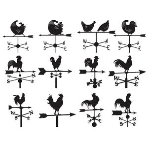May include: Black metal weather vanes featuring various rooster and hen designs. Each vane includes directional indicators (N, S, E, W) and an arrow. The collection showcases different rooster poses and hen silhouettes.