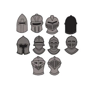 May include: A set of ten illustrations of knight helmets in grey and black. The helmets vary in design, featuring different visors and shapes. Ideal for historical or medieval-themed projects, the helmets are outlined in black.