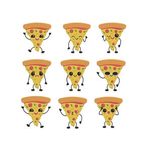 Może przedstawiać: Dziewięć kawałków pizzy z kreskówek z różnymi wyrazami twarzy i pozami. Każdy kawałek ma żółtą skórkę, czerwone dodatki i czarne oczy. Kawałki mają ramiona i nogi, na białym tle.