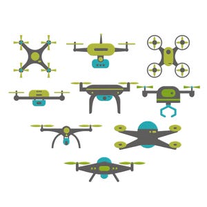 Op de afbeelding: Illustratie van acht gestileerde drones in verschillende ontwerpen. De drones hebben een kleurenpalet van grijs, groen en blauw, met propellerdetails. De afbeelding toont verschillende dronemodellen tegen een witte achtergrond.