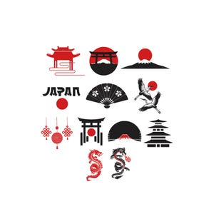 May include: A collection of black and red graphic icons featuring Japanese cultural symbols including a pagoda, Mount Fuji, a torii gate, a folding fan, cranes, decorative knots, and two dragons, with the word JAPAN printed in black lettering.