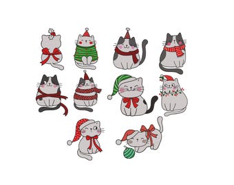 Bordado de gatos navideños, diseño de bordado de gatos, bordado de Feliz Navidad, bordado de gatos lindos, archivos de bordado a máquina, 6 tamaños