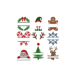 Puede incluir: Una colección de nueve diseños navideños con marcos divididos que incluyen una corona verde con lazo rojo, un gorro y botas de elfo, un hombre de jengibre, bastones de caramelo, astas marrones, un copo de nieve azul, Santa Claus, un árbol y un ciervo.