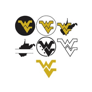 May include: A collection of seven embroidered designs featuring the West Virginia University logo. The set includes various iterations of the gold and black WV monogram, some enclosed in circles, others overlaid on the state map, and one outline.