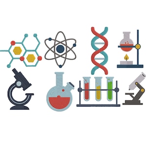 May include: A collection of science-themed illustrations. Includes a microscope, atom, DNA strand, beakers, and a molecular structure. The color palette features blue, red, yellow, and gray elements, all set against a white background.