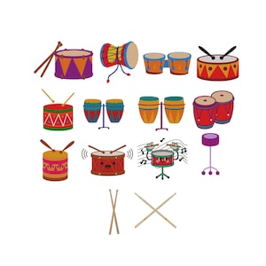 May include: A collection of colourful cartoon drums, including a snare drum, conga drums, and a bongo drum. The drums are in various shapes and sizes, with drumsticks and a drum stool.