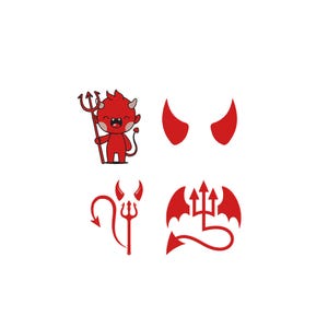 Op de afbeelding: Een verzameling afbeeldingen met een rood duivelsthema, waaronder een stripfiguur die een drietand vasthoudt, een paar puntige hoorns, een losse drietand met een gekrulde staart en een gestileerd embleem met een drietand, vleugels en een staart.