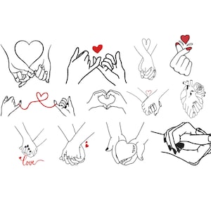 May include: A series of black and white line drawings of hands in various poses. The illustrations show hands holding each other, forming heart shapes, and the Korean finger heart. Some images incorporate red hearts.