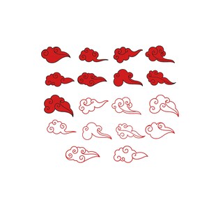 May include: A collection of seventeen stylized cloud illustrations arranged in a grid. The set includes solid red cloud shapes and red outlined cloud shapes, each featuring swirling, curved lines and pointed tails in a traditional graphic design.