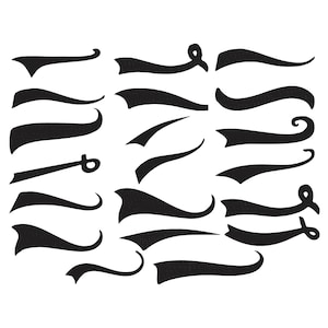 May include: A collection of black swoosh designs in various shapes and sizes, set against a white background. The swooshes include straight lines, curved lines, and lines with decorative curls, suitable for graphic design projects.