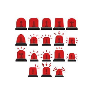 May include: A set of red emergency sirens in various designs. The sirens are shown with different light patterns and shapes, including solid, flashing, and with exclamation marks. Each siren is set on a black base against a white background.
