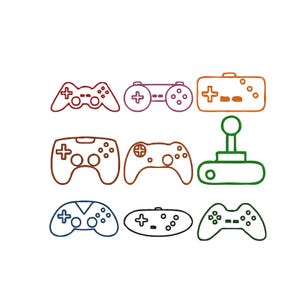 Może przedstawiać: Dziewięć kolorowych rysunków liniowych kontrolerów do gier wideo i joysticka ułożonych na białym tle. Kontrolery są w odcieniach czerwieni, fioletu, pomarańczu, brązu, zieleni i niebieskiego. Joystick jest zielony.