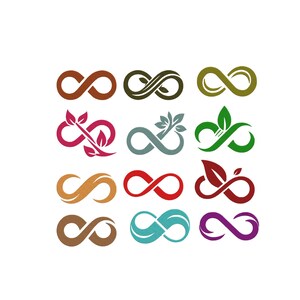 May include: A collection of twelve infinity symbol designs in various colors. Each symbol has a unique style, some incorporating leaves and organic elements. Colors include brown, green, red, and teal, set against a white background.