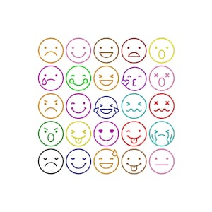 Peut inclure: Une grille de vingt-cinq icônes circulaires présentant diverses expressions faciales réalisées en art linéaire coloré. Chaque cercle affiche une émotion unique, incluant des visages souriants, renfrognés, rieurs, pleurants et surpris dans des tons de rouge, bleu, vert, jaune et violet.