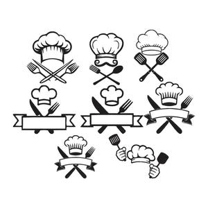May include: A collection of black and white chef-themed illustrations. The designs feature chef's hats, crossed forks and knives, spatulas, and banners. Ideal for culinary branding or design projects.