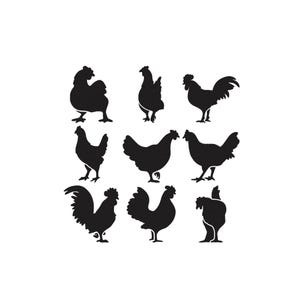 May include: A collection of nine black chicken and rooster silhouettes on a white background. The various poses include standing, facing left and right, and with their heads up or down. The image is a simple, graphic design.