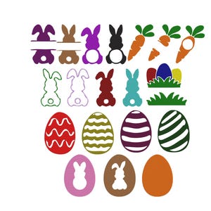 Peut inclure: Une collection de découpes sur le thème de Pâques dans différentes couleurs. L'image comprend des silhouettes de lapins, des carottes, des œufs de Pâques avec différents motifs et de l'herbe. La palette de couleurs comprend l'orange, le vert, le violet, le marron et le rouge.