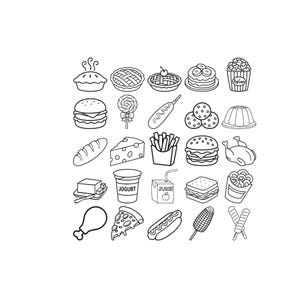 May include: A collection of twenty-five black and white line art icons depicting various food items including a pie, burger, lollipop, corn dog, cookies, gelatin, bread, cheese, fries, chicken, butter, yogurt, juice, sandwich, pizza, and hot dog.