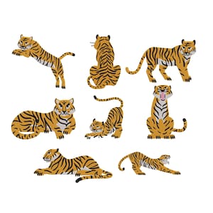May include: Eight illustrations of tigers in different poses, set against a white background. The tigers are orange with black stripes. Some are standing, jumping, or lying down, showcasing their varied forms.
