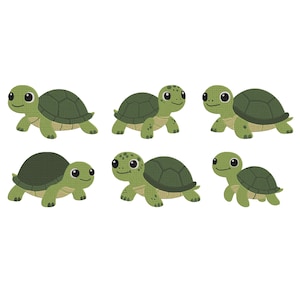 May include: Six cartoon turtles in different poses. Each turtle has a green body, a darker green shell, and a smiling face. The turtles are set against a white background.