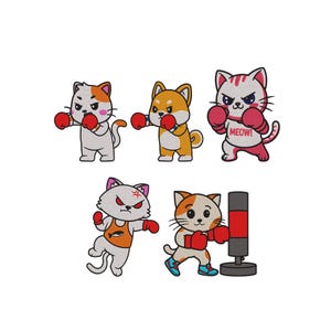 May include: A collection of cartoon illustrations featuring cats and a dog in boxing attire. The characters are in various poses, wearing red boxing gloves. One cat has "MEOW!" printed on its shirt. A punching bag is also present.
