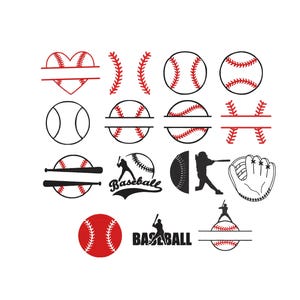 Op de afbeelding: Een verzameling honkbal-thema graphics in zwart en rood. Inclusief honkballen, stiksels, knuppels, een handschoen en silhouetten van spelers. Het woord "BASEBALL" wordt ook weergegeven.