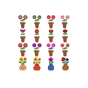 May include: A collection of sixteen embroidered flower designs arranged in a four-by-four grid. Each design features a colorful flower or bouquet in a brown pot or vase, showcasing various petal shapes, vibrant colors, and green stems and leaves.