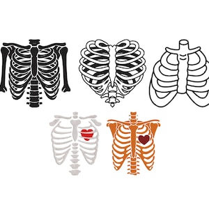 May include: Five stylized illustrations of rib cages in black, white, and orange. Two rib cages have a red heart in the center. The designs vary in detail and style, suitable for Halloween or medical themes.