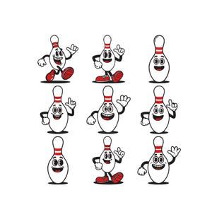 Könnte beinhalten: Eine Sammlung von Cartoon-Bowlingkegeln mit lächelnden Gesichtern, roten Streifen und roten Schuhen. Einige Kegel winken, zeigen oder gehen. Die Kegel sind weiß mit schwarzen Details und vor weißem Hintergrund.