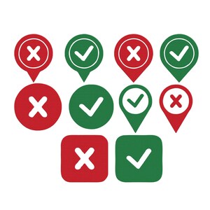 May include: A collection of red and green checkmark and X icons in various shapes. The icons include circles, map pins, and squares. The checkmarks are green with white check symbols, and the X icons are red with white X symbols.