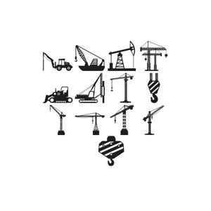 May include: A collection of black construction equipment silhouettes, including various types of cranes, a bulldozer, and a drilling machine. The images are set against a white background, creating a high-contrast visual.
