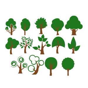 Puede incluir: Una colección de ilustraciones estilizadas de árboles verdes con troncos marrones. Los árboles varían en forma y diseño, incluyendo formas redondeadas, frondosas y abstractas. La imagen está sobre un fondo blanco.