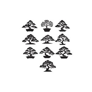 May include: A collection of ten black silhouette icons depicting various bonsai trees. Each icon features a unique tree shape with detailed foliage and branches, some planted in pots and others on mounds, arranged in a grid-like pattern.