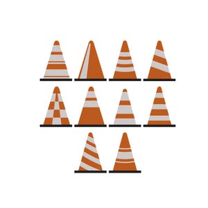 May include: A collection of orange traffic cones with various white stripe and pattern designs. Each cone has a black base. The cones are arranged in a grid formation against a white background.