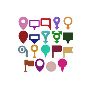 May include: A collection of twenty-one distinct map markers and location icons in various shapes and colors, including pink, red, blue, green, purple, orange, and brown. The set features circular, rectangular, and flag-style pointers.