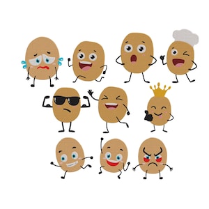 May include: A group of cartoon potato characters with different facial expressions and accessories. Some potatoes are crying, smiling, or wearing sunglasses and a chef's hat. The potatoes have arms and legs.
