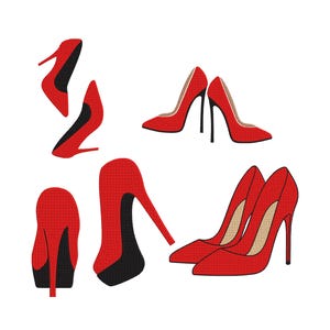 May include: A collection of red high-heeled shoes in various poses. The shoes have black soles and heels. The image includes pairs and individual shoes, showcasing the design from different angles. The shoes are set against a white background.