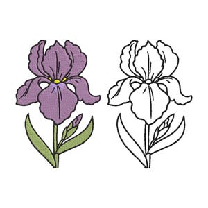 Puede incluir: Diseño bordado de una flor de iris morada con hojas y tallo verdes, junto a un contorno en blanco y negro de la misma flor. El iris tiene un centro amarillo, sobre un fondo blanco.
