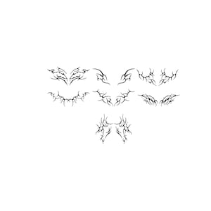 Puede incluir: Una colección de siete diseños de tatuajes temporales negros de estilo tribal dispuestos en una cuadrícula. Cada gráfico presenta líneas nítidas, puntiagudas y simétricas que se curvan y estrechan en intrincados patrones de espinas sobre un fondo blanco.